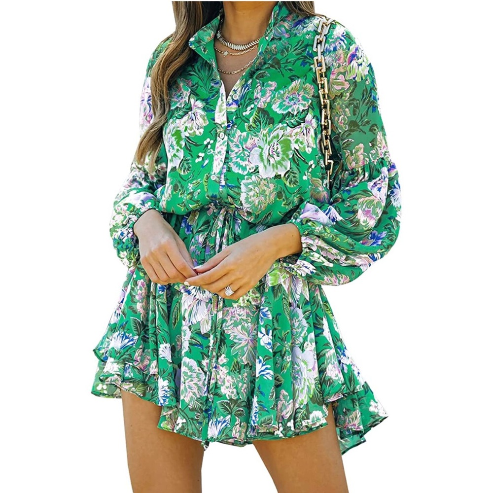 Green blue & white floral long sleeve button up shirt tie waist chiffon dress